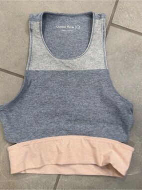 Outdoor Voices Tri-Tone Slashback Crop Top in Lake/Dove/Rose in size S